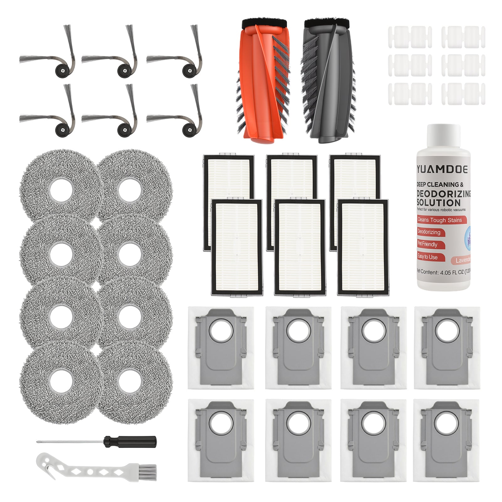38PCS Accessories Kit for Roborock Saros 10R /Saros 20/Qrevo CurvX Robot Vacuum,1 Set of Main Brush,6 Side Brushes,8 Dust Bags,6 HEPA Filters,8 Mop Pads,1 Solution Trial Pack,6 Scent Tablets