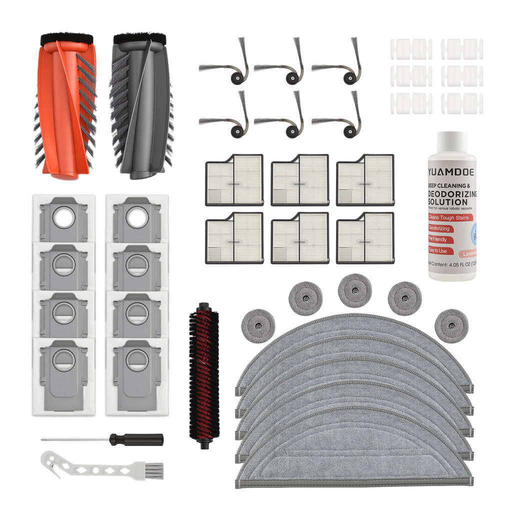 41 PCS Accessories Kit for Saros 10 Robot Vacuum,1 Set of Main Brush,1 Cleaning Brush,6 Side Brushes,8 Dust Bags,6 HEPA Filters,5 Mop Cloths Set,1 Solution Trial Pack,6 Scent Tablets