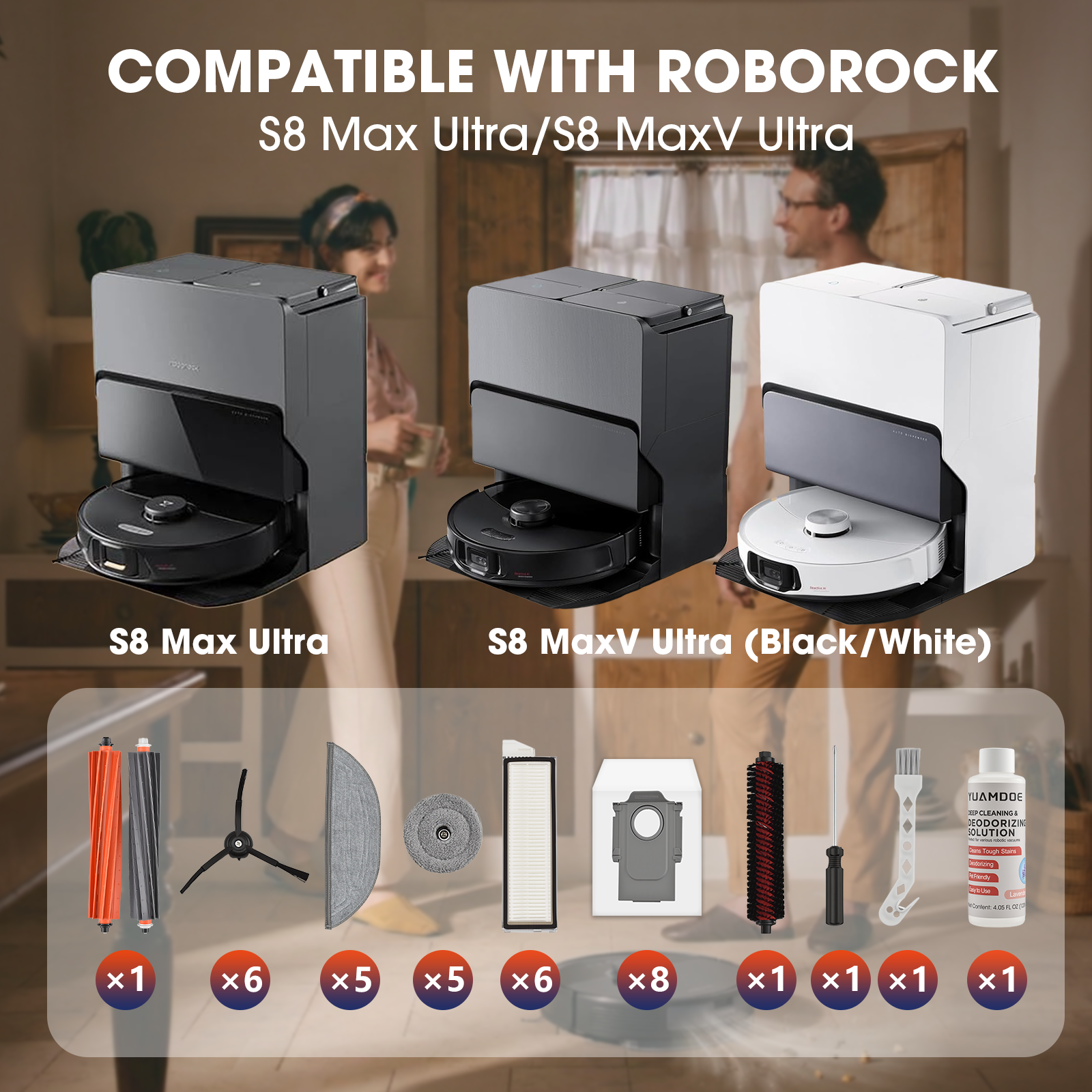 41 PCS Accessories Kit for Roborock S8 Max/MaxV Ultra Robot Vacuum,1 Set of Main Brush,1 Cleaning Brush,6 Side Brushes,8 Dust Bags,6 HEPA Filters,5 Mop Cloths Set,1 Solution Trial Pack, 1 Tool Kit